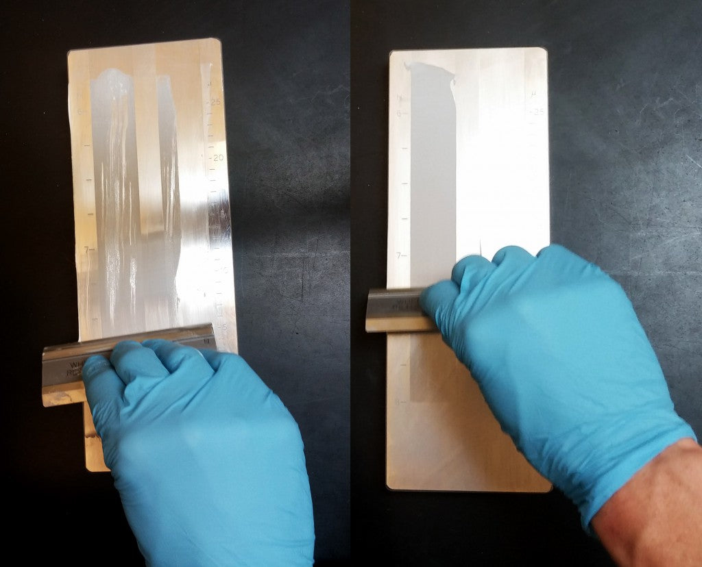 If done improperly the zinc oxide or titanium dioxide particles may clump up, leaving you unprotected. The streaky image on the left, run through a grind gauge test, shows a poor dispersion and uneven coverage. The image on the right shows a good dispersion, which deposits the minerals uniformly on the skin.