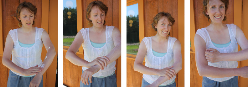 Photos left to right: (first) applying one of my favorite sunscreen creams, Badger Kids SPF 30, to my left arm; (second) initial stages of rubbing in the sunscreen; (third) all finished!; (fourth) I did the same process with the SPF 30 Sheer Tint Sunscreen Cream on my right arm. Can you see the difference?